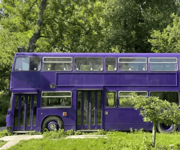 photo de l'hébergement insolite installé dans un bus violet